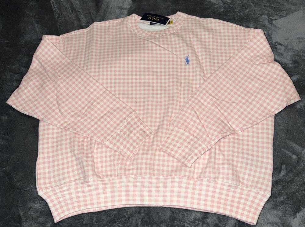 Medium Polo Ralph Lauren Gingham Fleece Sweatshirt Pink White